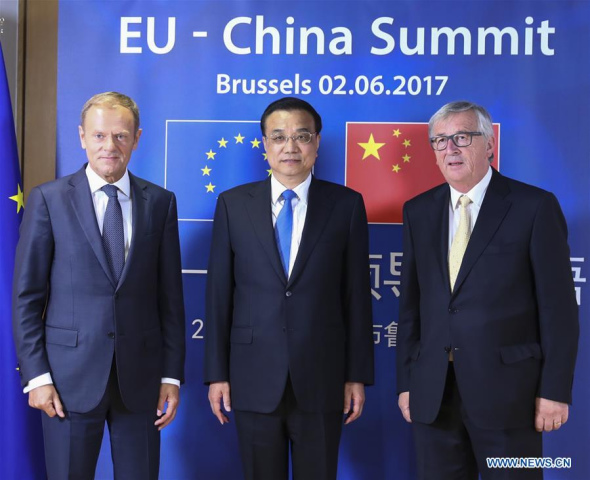 Chinese Premier Li Keqiang (C), European Council President Donald Tusk (L) and European Commission President Jean-Claude Juncker co-chair the 19th China-EU leaders' meeting in Brussels, Belgium, June 2, 2017. (Xinhua/Xie Huanchi)